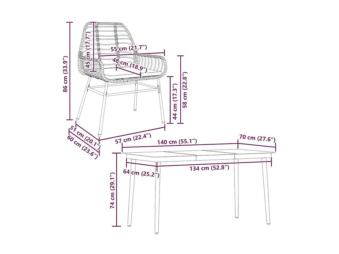 Ensemble à manger jardin coussins 5pcs marron poly rotin verre