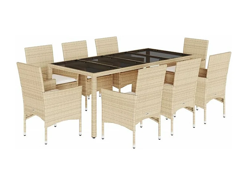 Ensemble à manger de jardin et coussins 9 pcs beige rotin verre