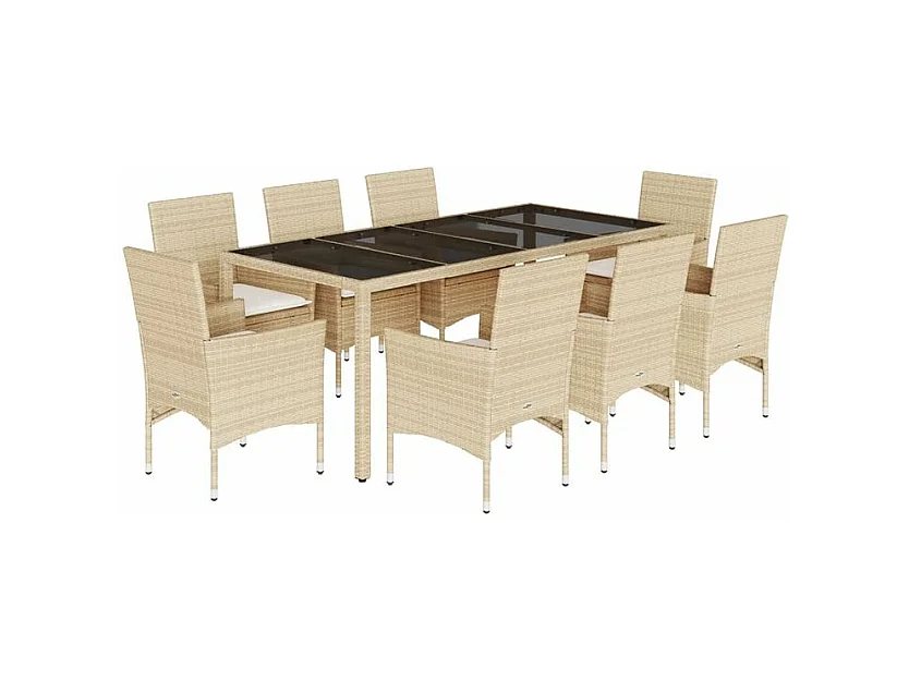 Ensemble à manger de jardin et coussins 9 pcs beige rotin verre