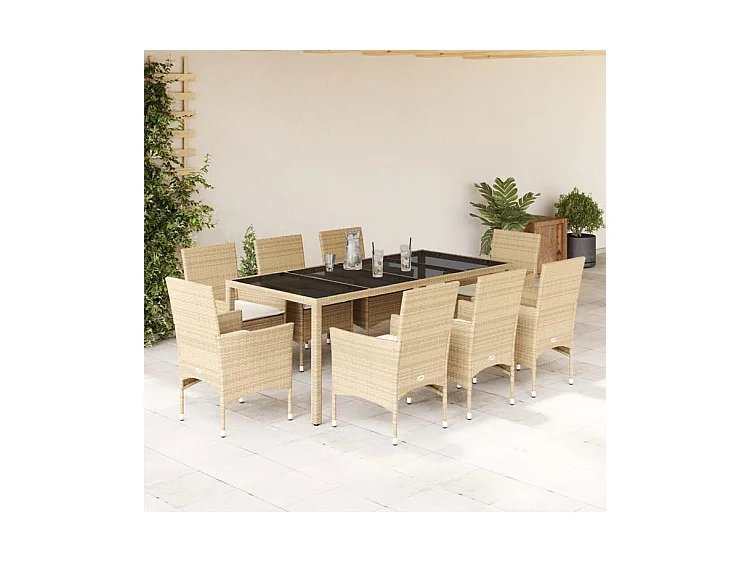 Ensemble à manger de jardin et coussins 9 pcs beige rotin verre