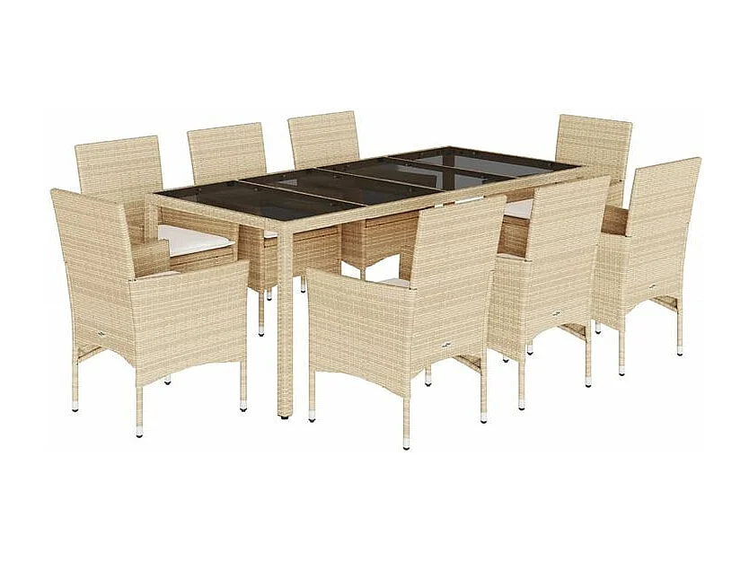 Ensemble à manger de jardin et coussins 9 pcs beige rotin verre