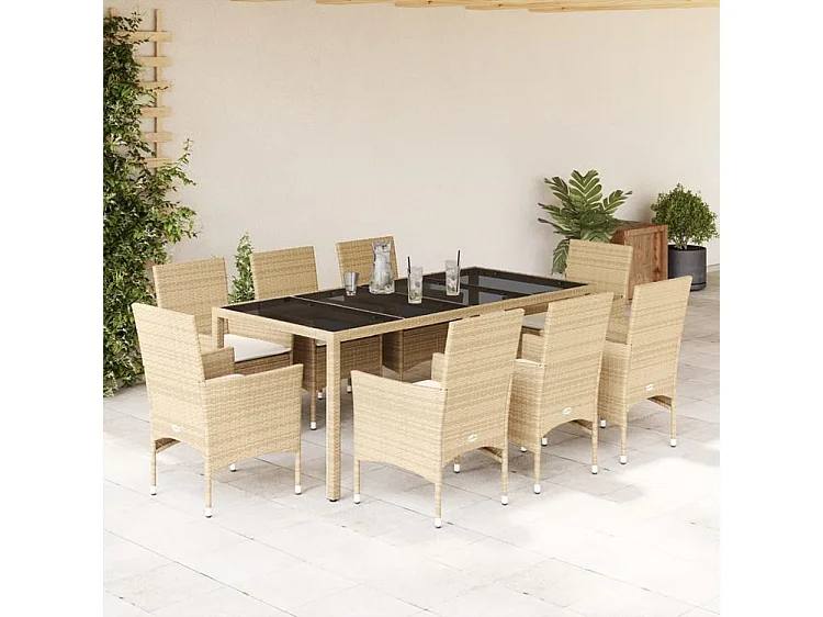 Ensemble à manger de jardin et coussins 9 pcs beige rotin verre