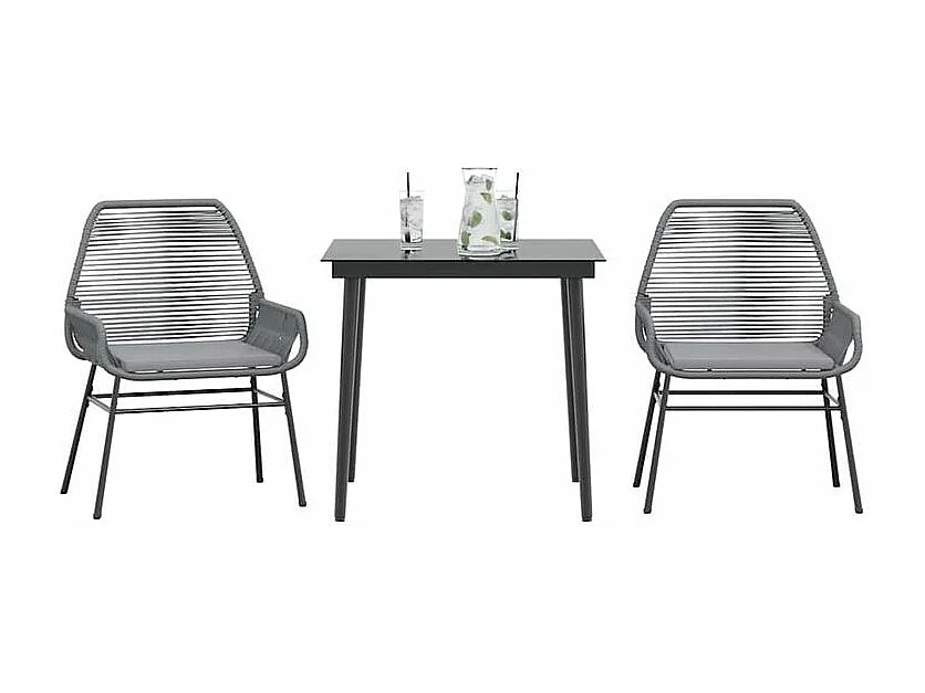 Ensemble à manger jardin coussins 3 pcs gris poly rotin verre