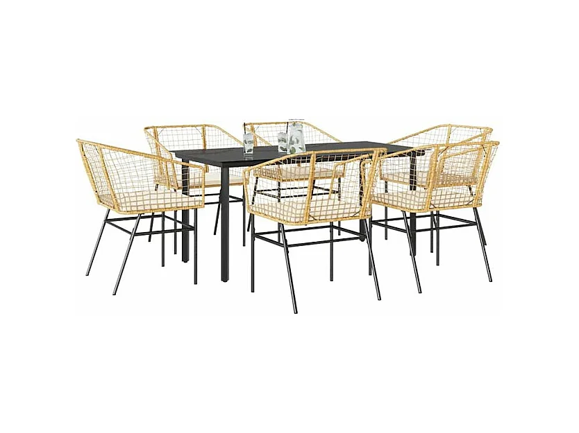 Ensemble à manger jardin coussins 7pcs marron poly rotin verre
