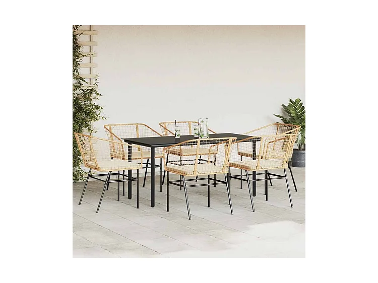 Ensemble à manger jardin coussins 7pcs marron poly rotin verre