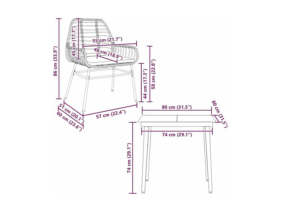 Ensemble à manger jardin coussins 3pcs marron poly rotin verre