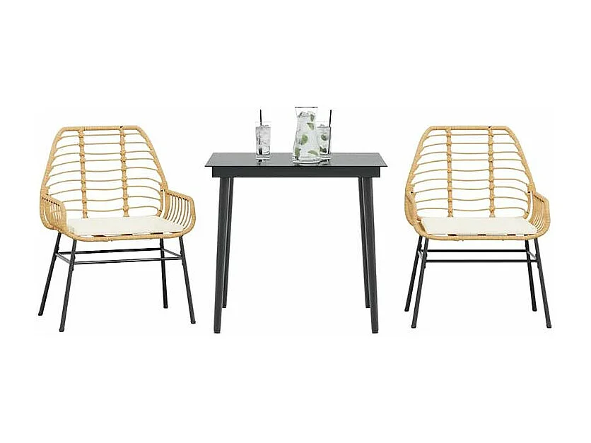 Ensemble à manger jardin coussins 3pcs marron poly rotin verre