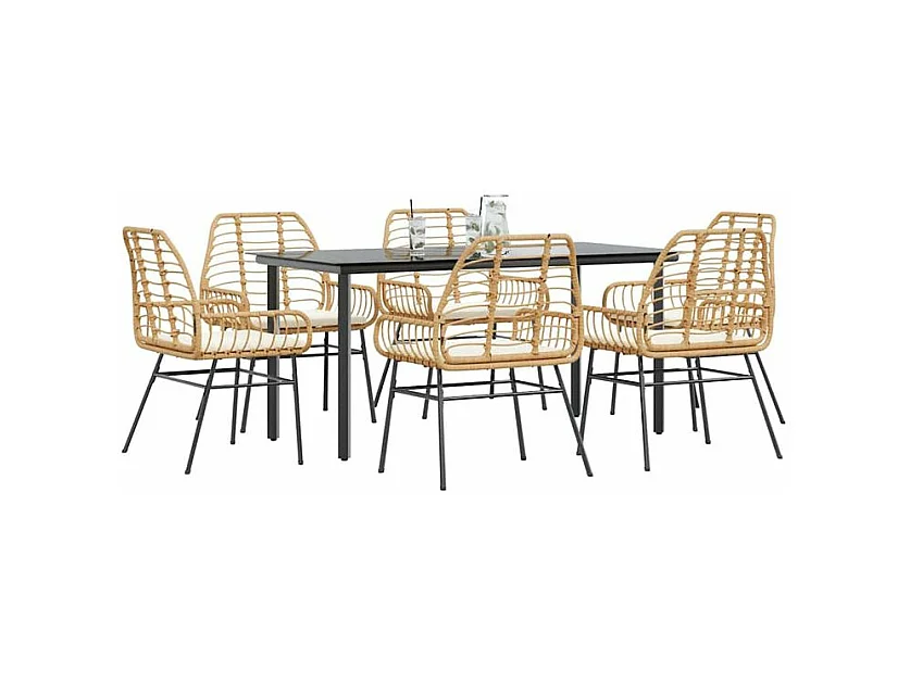 Ensemble à manger jardin coussins 7pcs marron poly rotin verre