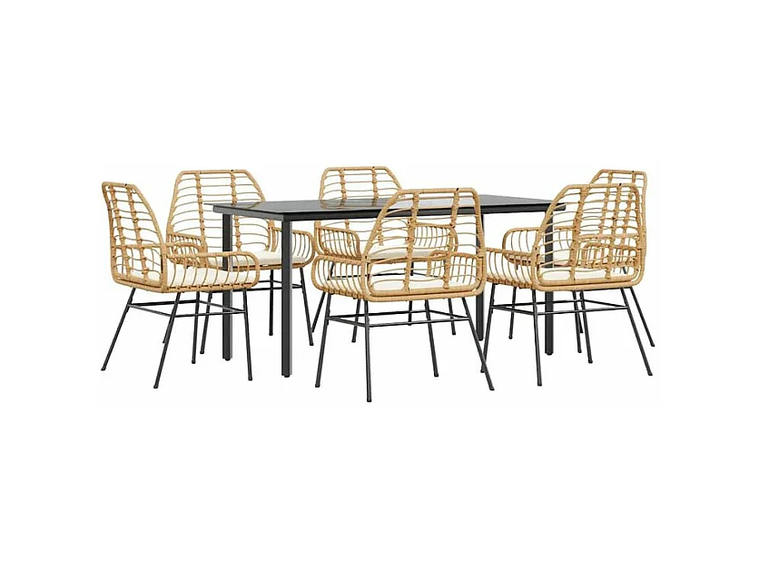 Ensemble à manger jardin coussins 7pcs marron poly rotin verre