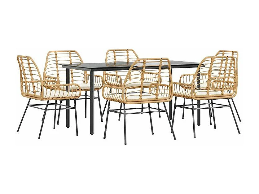 Ensemble à manger jardin coussins 7pcs marron poly rotin verre