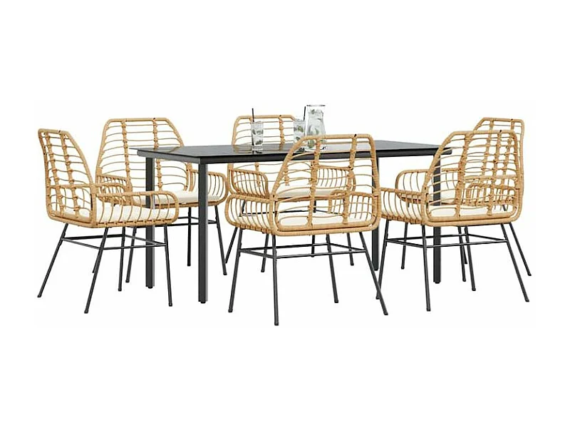 Ensemble à manger jardin coussins 7pcs marron poly rotin verre