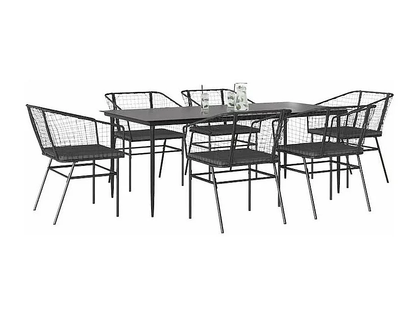 Ensemble à manger de jardin coussins 7pcs noir poly rotin verre