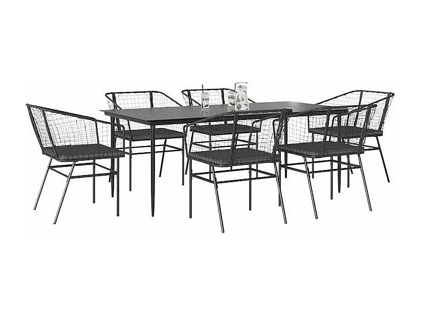 Ensemble à manger de jardin coussins 7pcs noir poly rotin verre