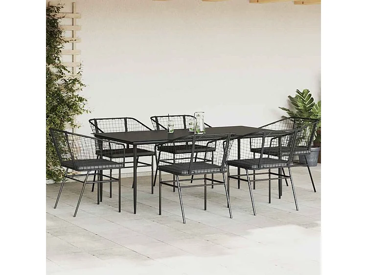 Ensemble à manger de jardin coussins 7pcs noir poly rotin verre