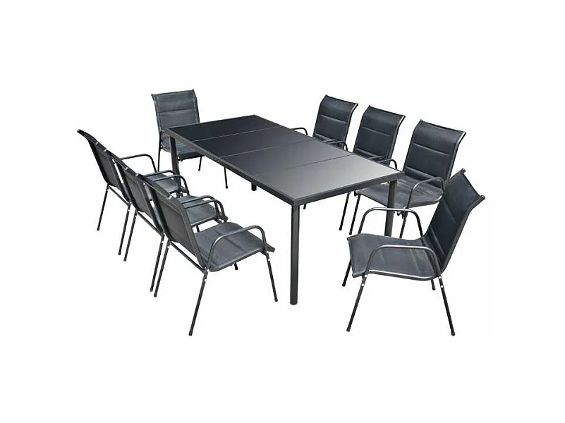 Table rectangulaire et 8 chaises de jardin métal et tissu noir Mahe