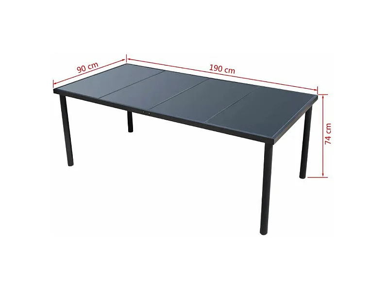 Table rectangulaire et 8 chaises de jardin métal et tissu noir Mahe