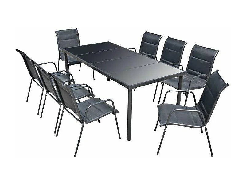 Table rectangulaire et 8 chaises de jardin métal et tissu noir Mahe