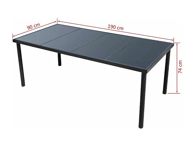 Table rectangulaire et 8 chaises de jardin métal et tissu noir Mahe