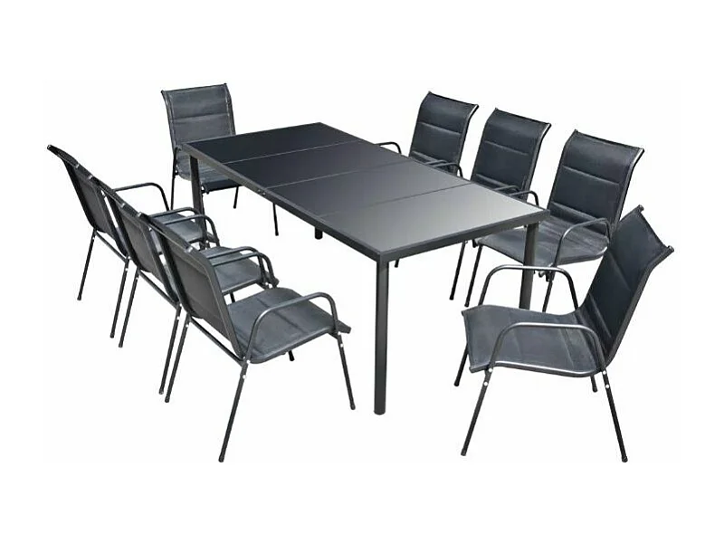 Table rectangulaire et 8 chaises de jardin métal et tissu noir Mahe