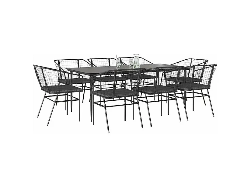 Ensemble à manger de jardin coussins 9pcs noir poly rotin verre