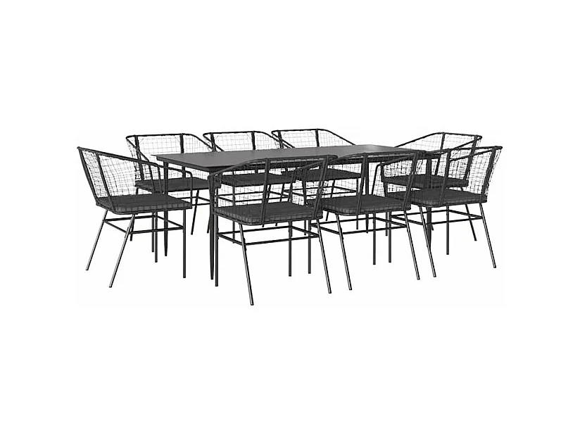 Ensemble à manger de jardin coussins 9pcs noir poly rotin verre