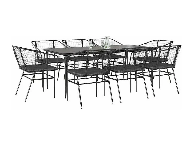 Ensemble à manger de jardin coussins 9pcs noir poly rotin verre