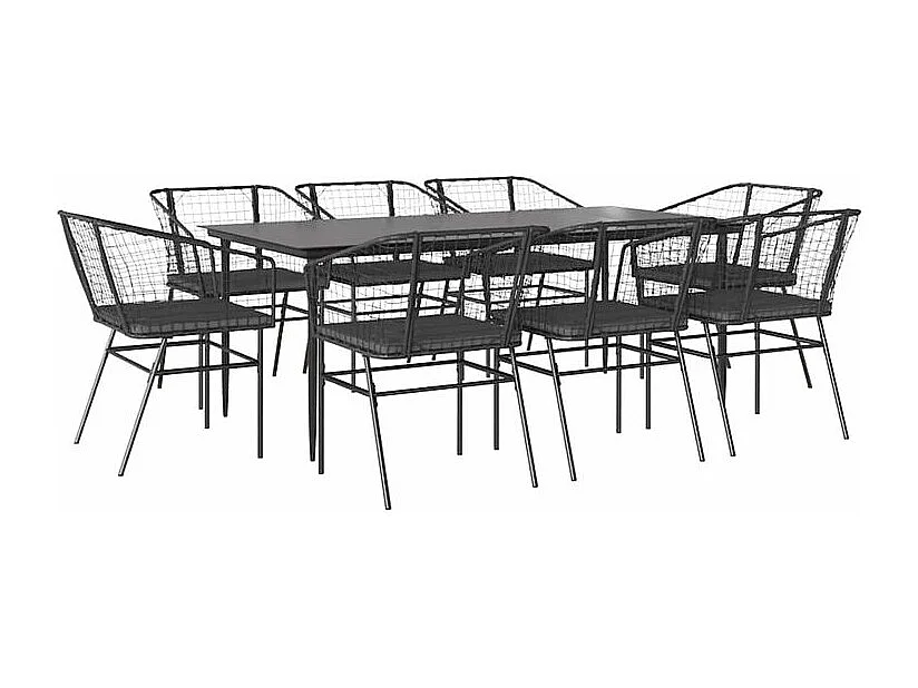 Ensemble à manger de jardin coussins 9pcs noir poly rotin verre