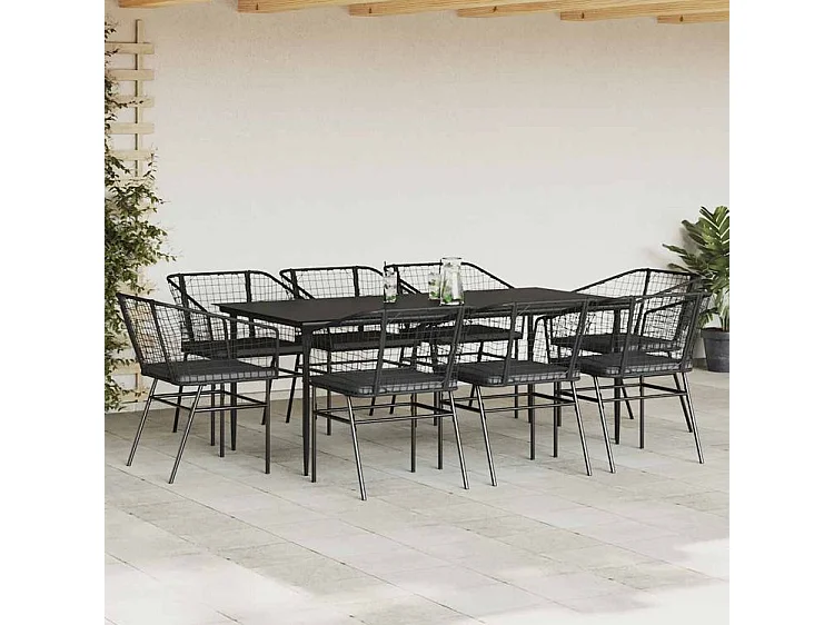 Ensemble à manger de jardin coussins 9pcs noir poly rotin verre