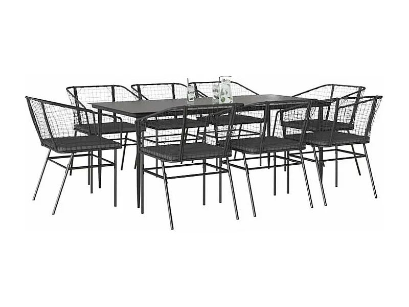 Ensemble à manger de jardin coussins 9pcs noir poly rotin verre
