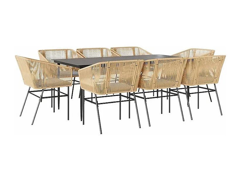 Ensemble à manger jardin coussins 9pcs marron poly rotin verre