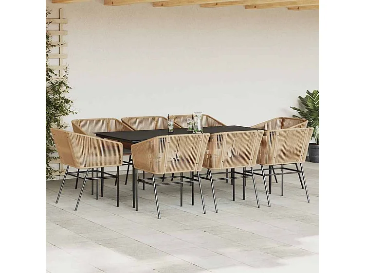 Ensemble à manger jardin coussins 9pcs marron poly rotin verre