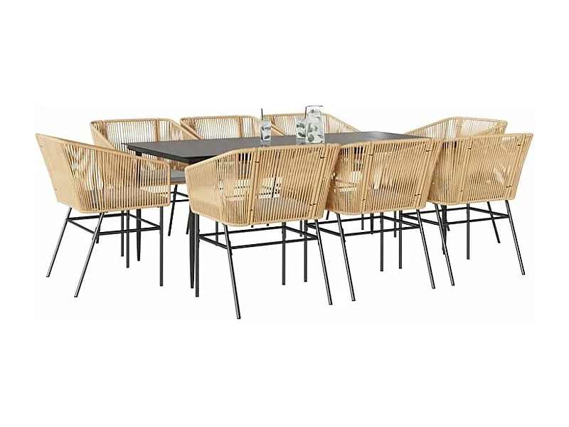 Ensemble à manger jardin coussins 9pcs marron poly rotin verre