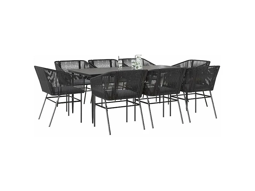 Ensemble à manger de jardin coussins 9pcs noir poly rotin verre