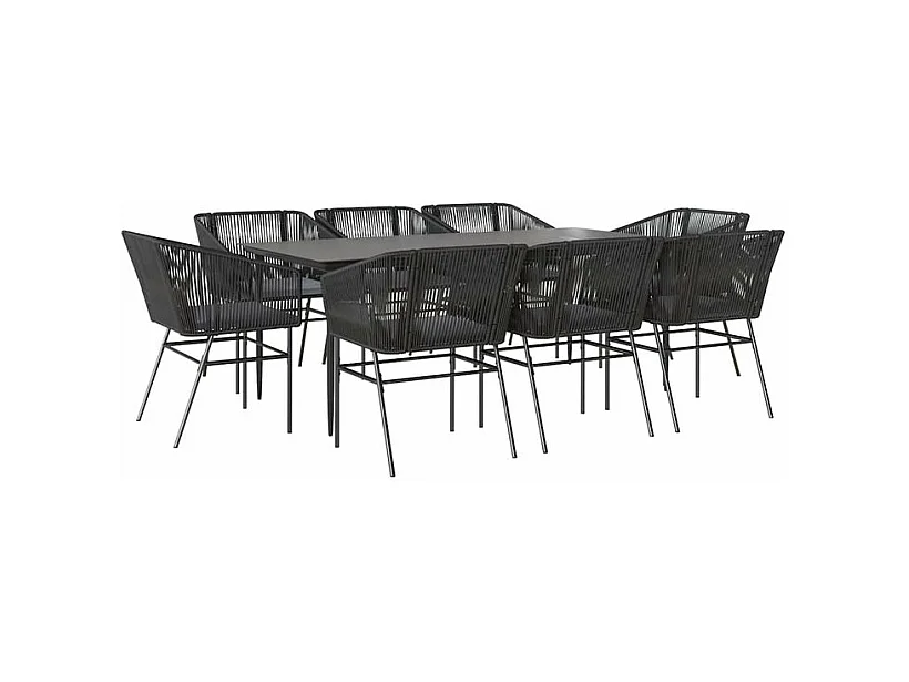 Ensemble à manger de jardin coussins 9pcs noir poly rotin verre
