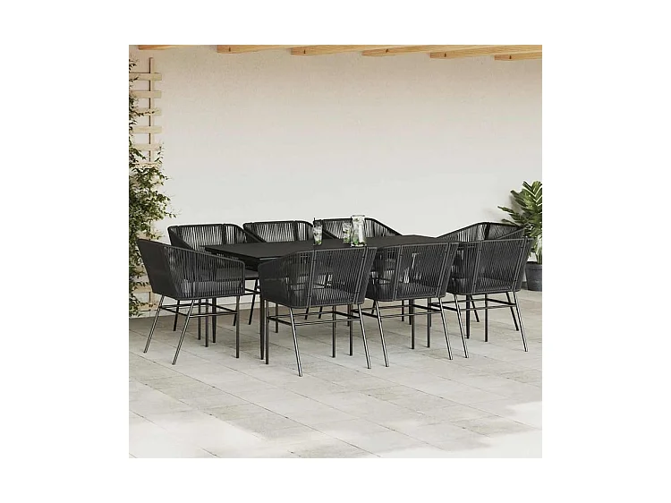 Ensemble à manger de jardin coussins 9pcs noir poly rotin verre