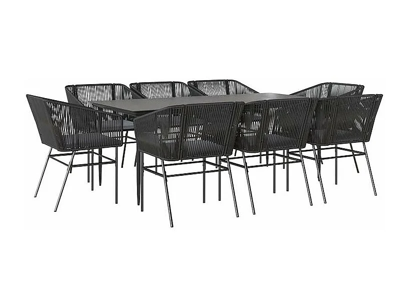 Ensemble à manger de jardin coussins 9pcs noir poly rotin verre
