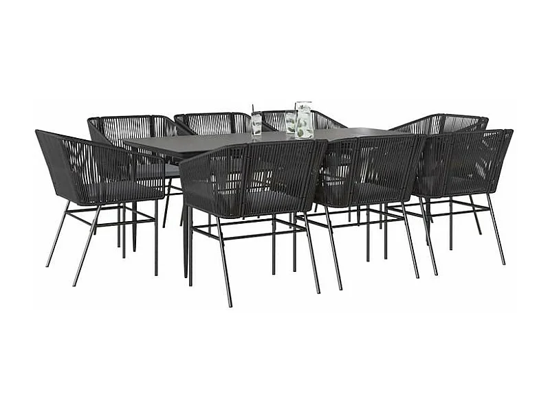 Ensemble à manger de jardin coussins 9pcs noir poly rotin verre