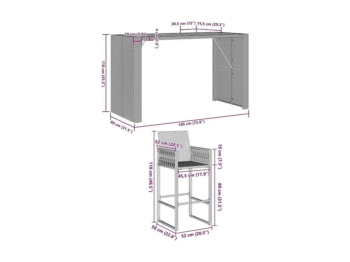 Ensemble de bar de jardin 7 pcs sans coussins gris poly rotin