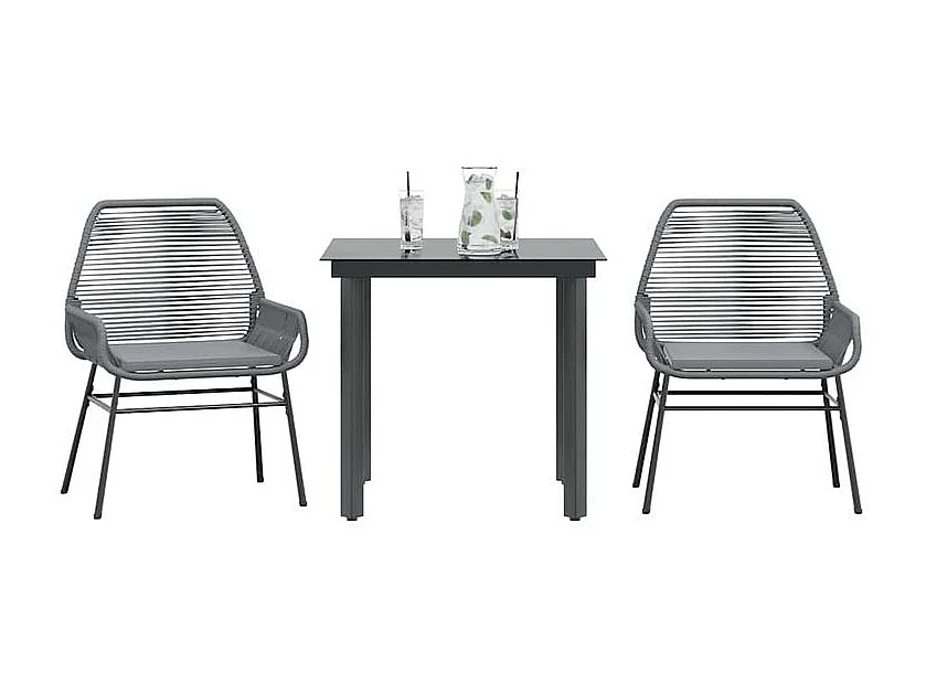 Ensemble à manger jardin coussins 3 pcs gris poly rotin verre