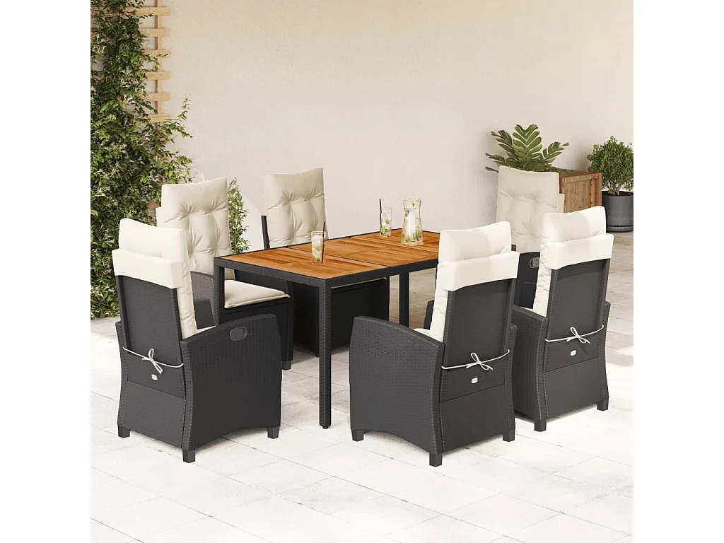 Ensemble à manger de jardin coussins 7pcs Noir Résine tressée