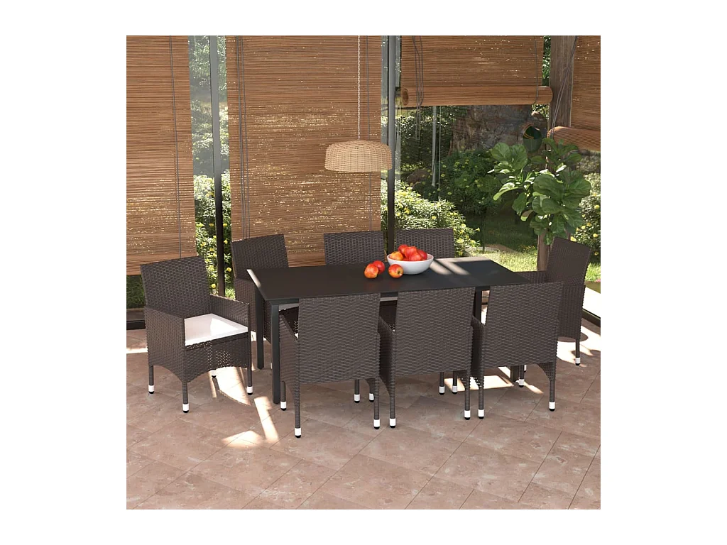 Meubles à dîner de jardin et coussins 9 pcs Poly rotin Marron