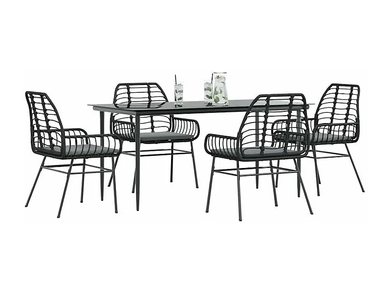 Ensemble à manger de jardin et coussins 5 pcs noir rotin verre