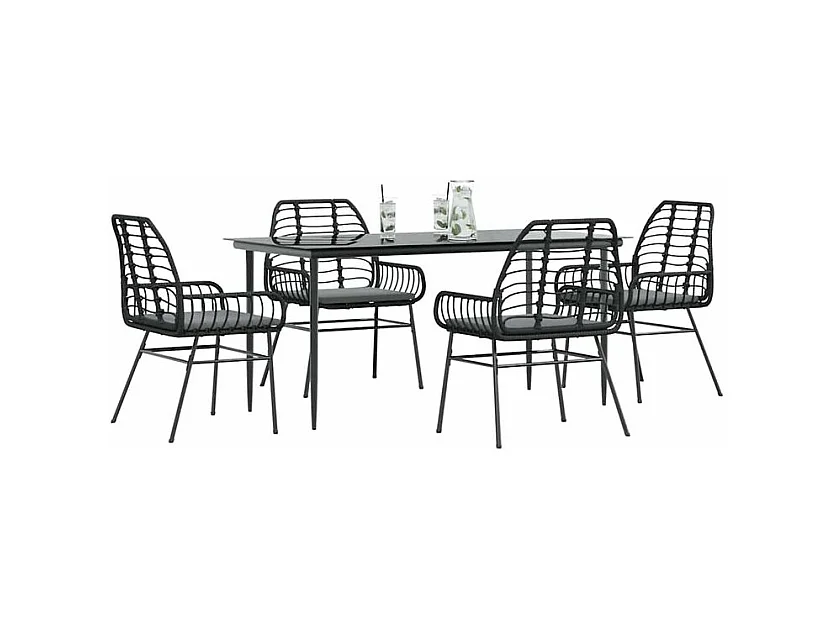Ensemble à manger de jardin et coussins 5 pcs noir rotin verre