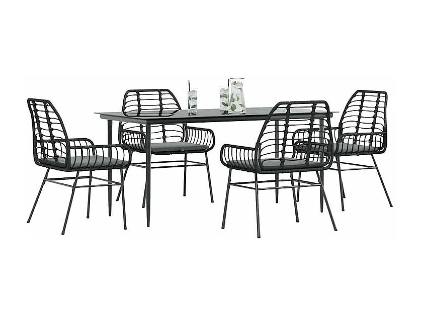 Ensemble à manger de jardin et coussins 5 pcs noir rotin verre
