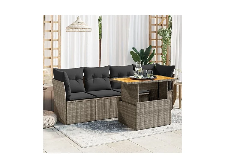 Salon de jardin 5 pcs avec coussins gris résine tressée