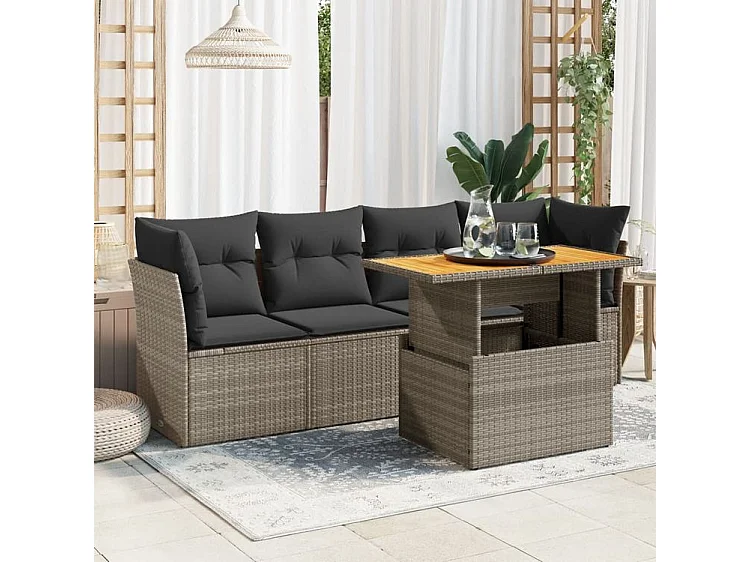 Salon de jardin 5 pcs avec coussins gris résine tressée