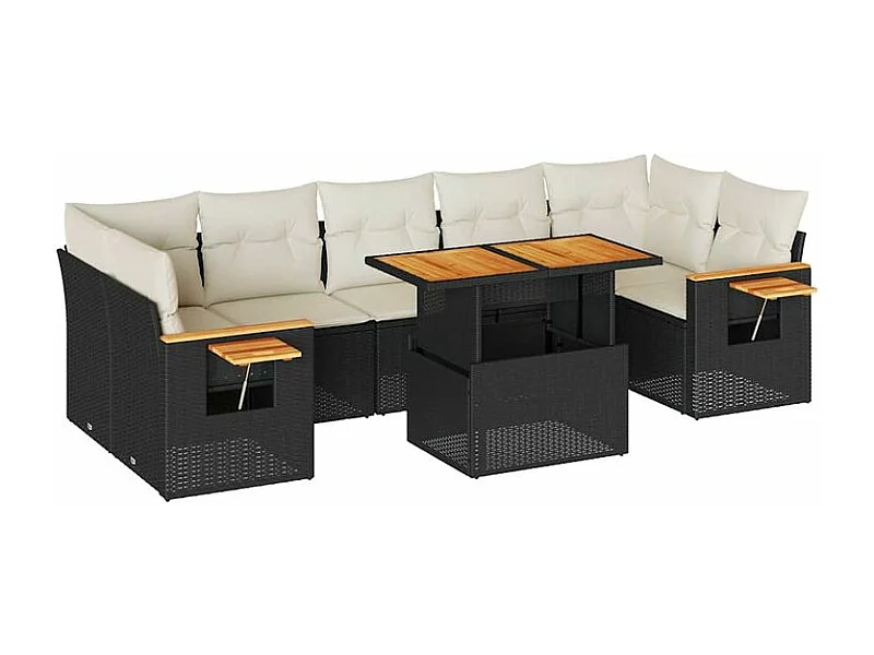 Salon de jardin avec coussins 8 pcs noir résine tressée acacia