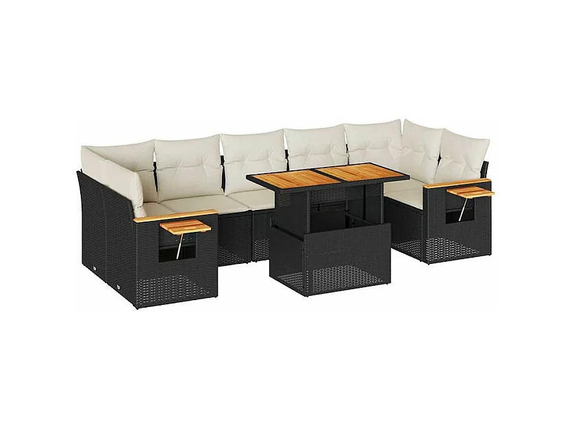 Salon de jardin avec coussins 8 pcs noir résine tressée acacia