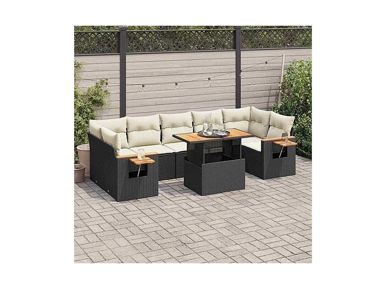 Salon de jardin avec coussins 8 pcs noir résine tressée acacia