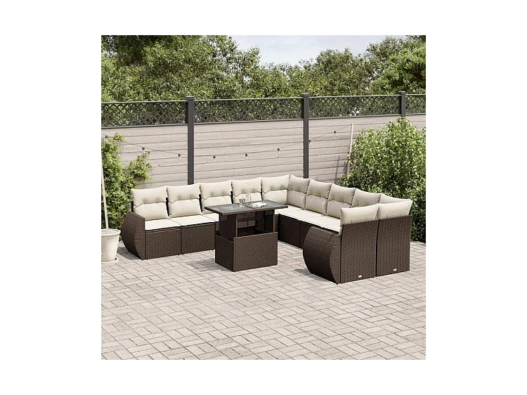 Salon de jardin et coussins 11 pcs marron résine tressée